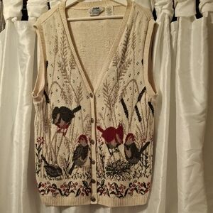 Northern Reflections Cream Cardigan Sweater Vest with Bird Design XL